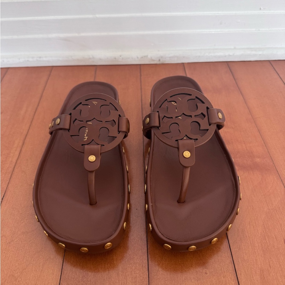 Tory Burch Brown Sandals with Gold Studs